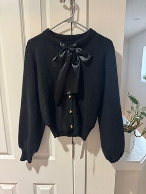 Commense Black Satin-Bow Knit Cardigan